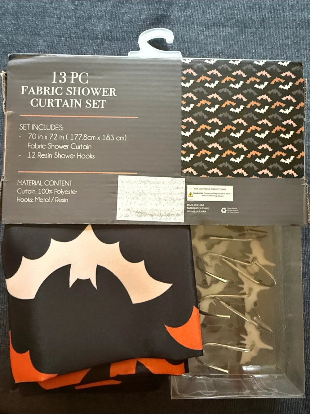 New Halloween Bat Fabric Shower Curtain Set - Black & Purple
